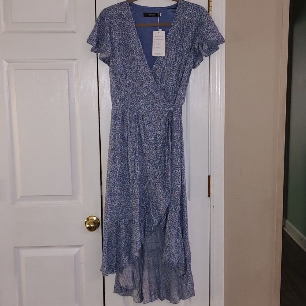 Zesica lt blue Bohemian Floral Printed Wrap  Short Sleeve Split  Maxi Dress